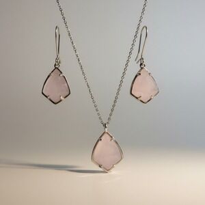Kendra Scott Rose Quartz Shield Pendant Necklace and Drop Earrings Set Silver